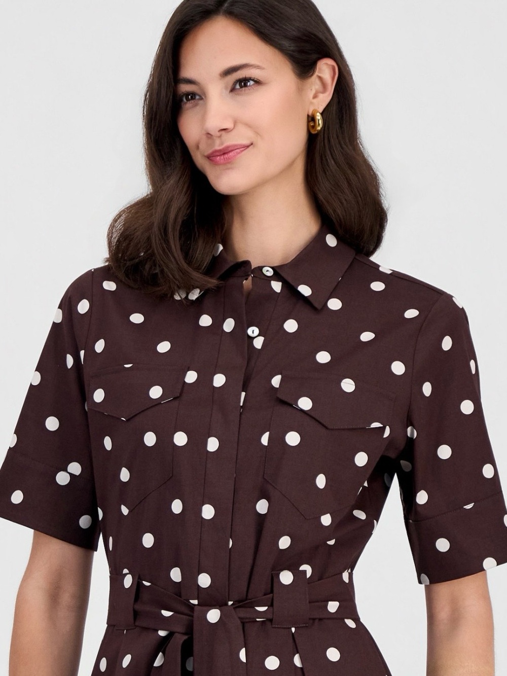 T Tahari Chocolate Brown and White Polka Dot Midi Shirt Dress NEW W TAGS - Picture 3 of 5